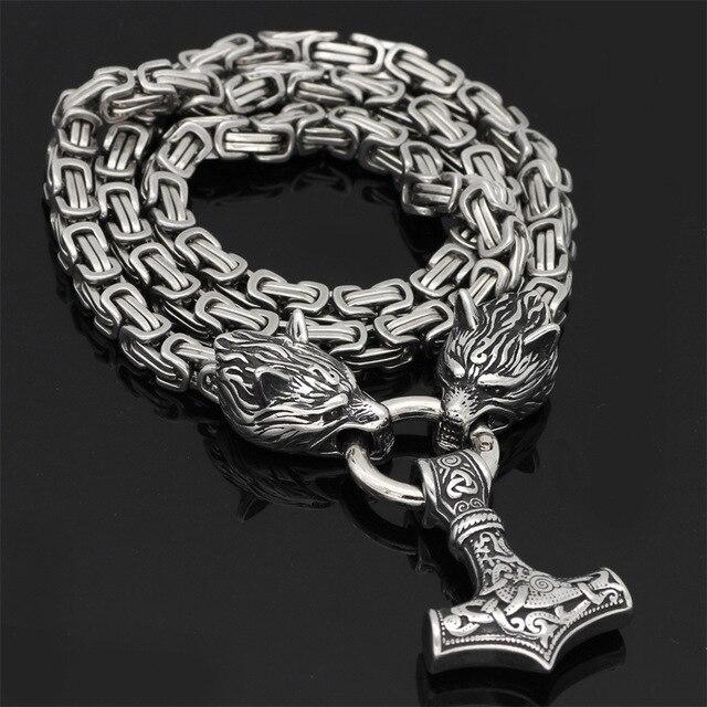 SteelTwin | Double Wolf Necklace with Mjolnir Pendant Design 2