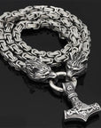 SteelTwin | Double Wolf Necklace with Mjolnir Pendant Design 2