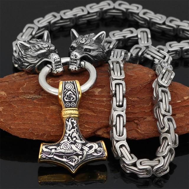 SteelTwin | Double Wolf Necklace with Mjolnir Pendant Design 3