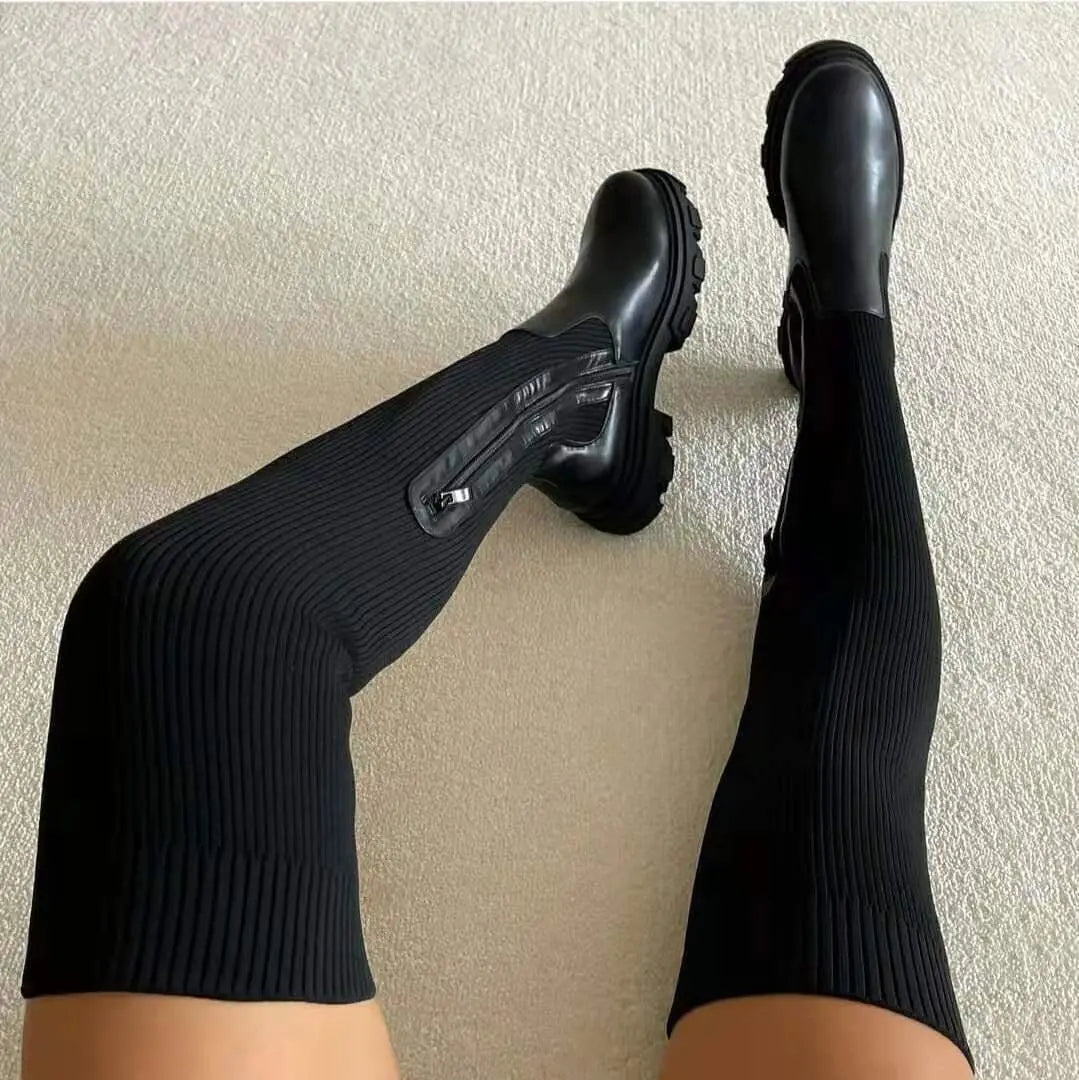 Stretch Knit Black Knee High Boots for Women – Comfortable Long Boots with Sleek Design 2
