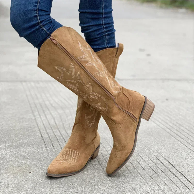 Stylish Suede Cowboy Boots for Women with Side Zipper and Embroidery – Black Western Chic Footwear 1