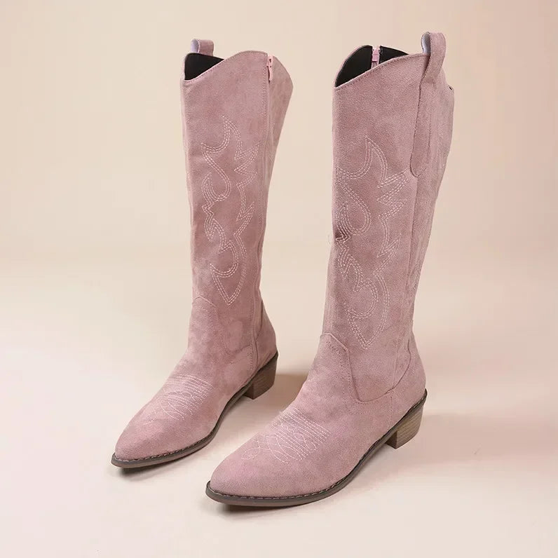 Stylish Women's Cowgirl Boots in Suede with Embroidery and Block Heel – Beige and Rose 0