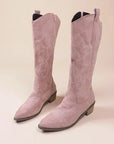 Stylish Women's Cowgirl Boots in Suede with Embroidery and Block Heel – Beige and Rose 0