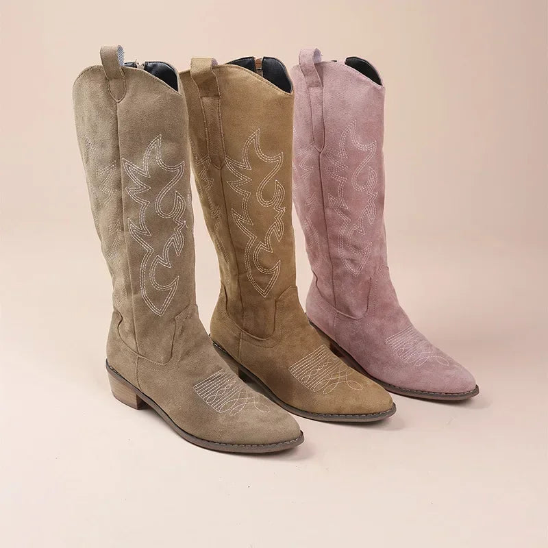 Stylish Women's Cowgirl Boots in Suede with Embroidery and Block Heel – Beige and Rose 6