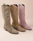 Stylish Women's Cowgirl Boots in Suede with Embroidery and Block Heel – Beige and Rose 6
