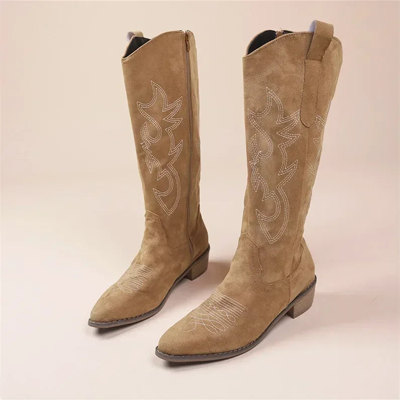 Stylish Women's Cowgirl Boots in Suede with Embroidery and Block Heel – Beige and Rose 7