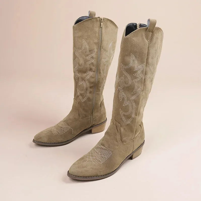Stylish Women's Cowgirl Boots in Suede with Embroidery and Block Heel – Beige and Rose 8