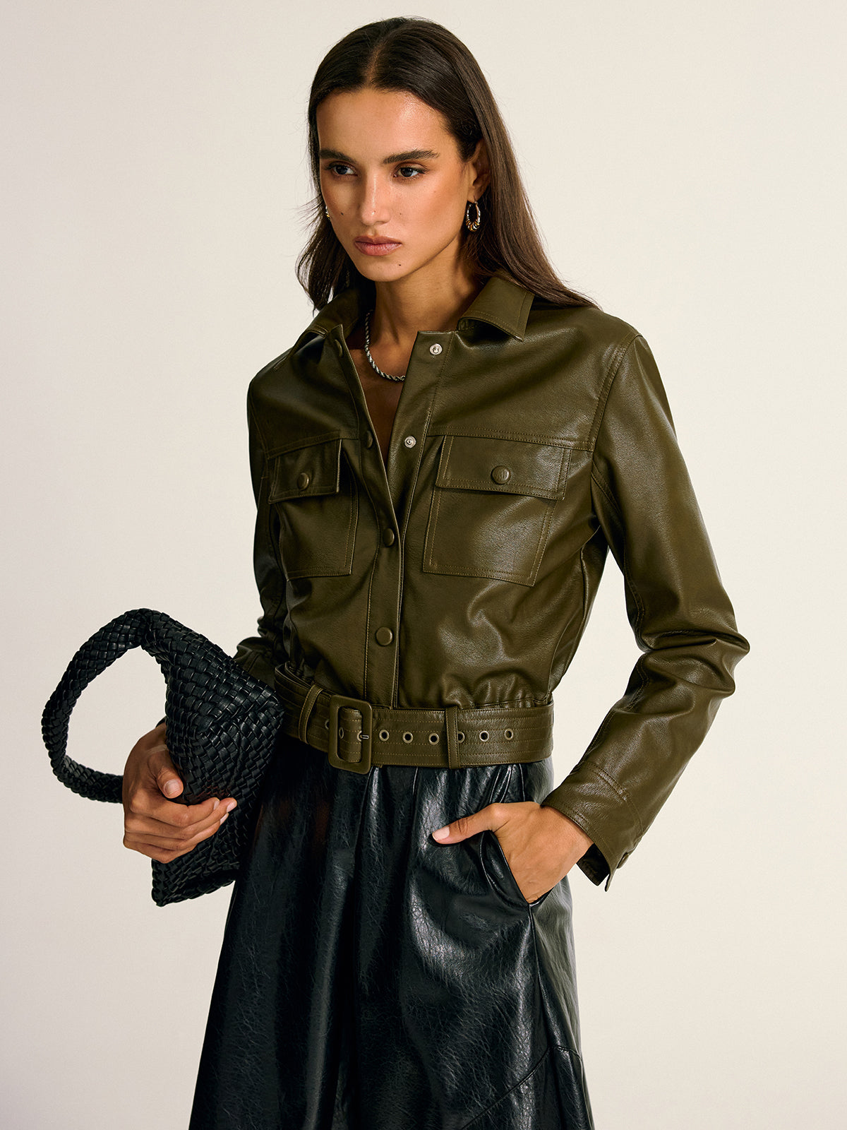 Teressa | Belted PU Leather Cargo Shirt Jacket 1