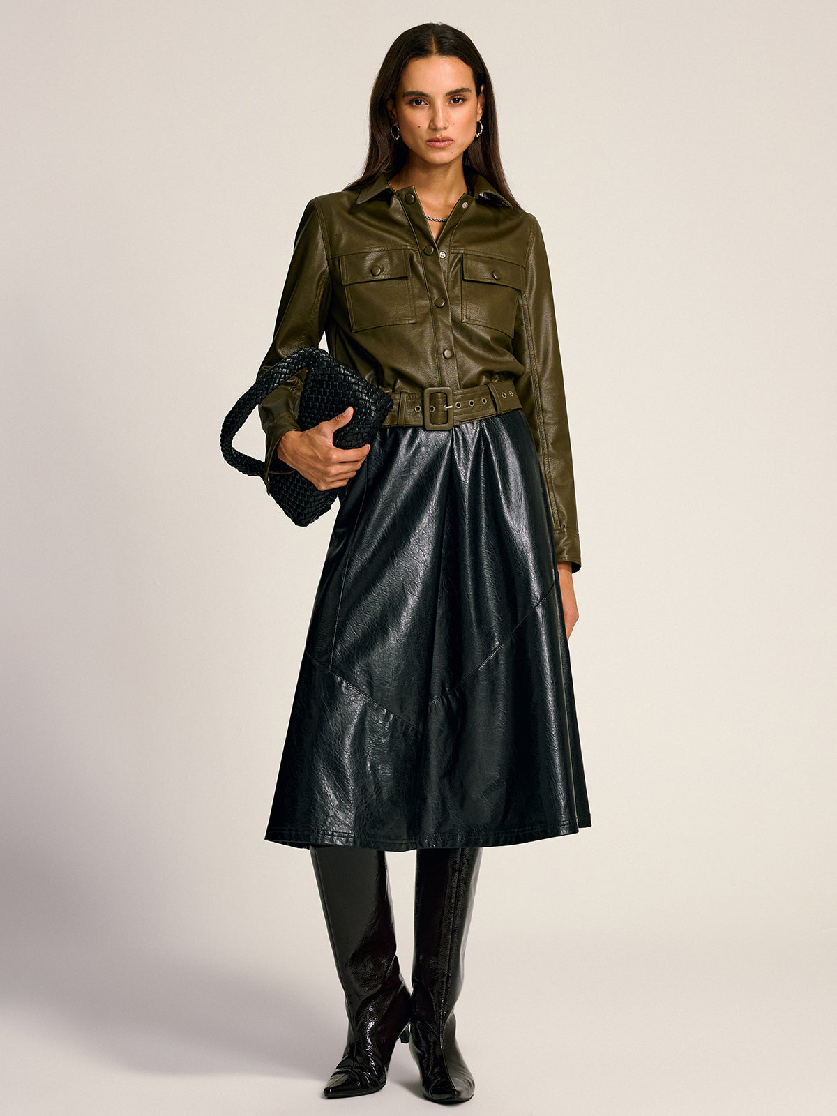 Teressa | Belted PU Leather Cargo Shirt Jacket 2