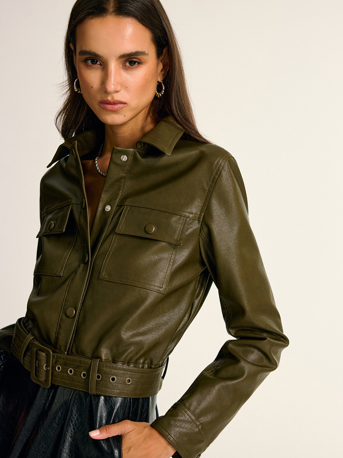 Teressa | Belted PU Leather Cargo Shirt Jacket 3