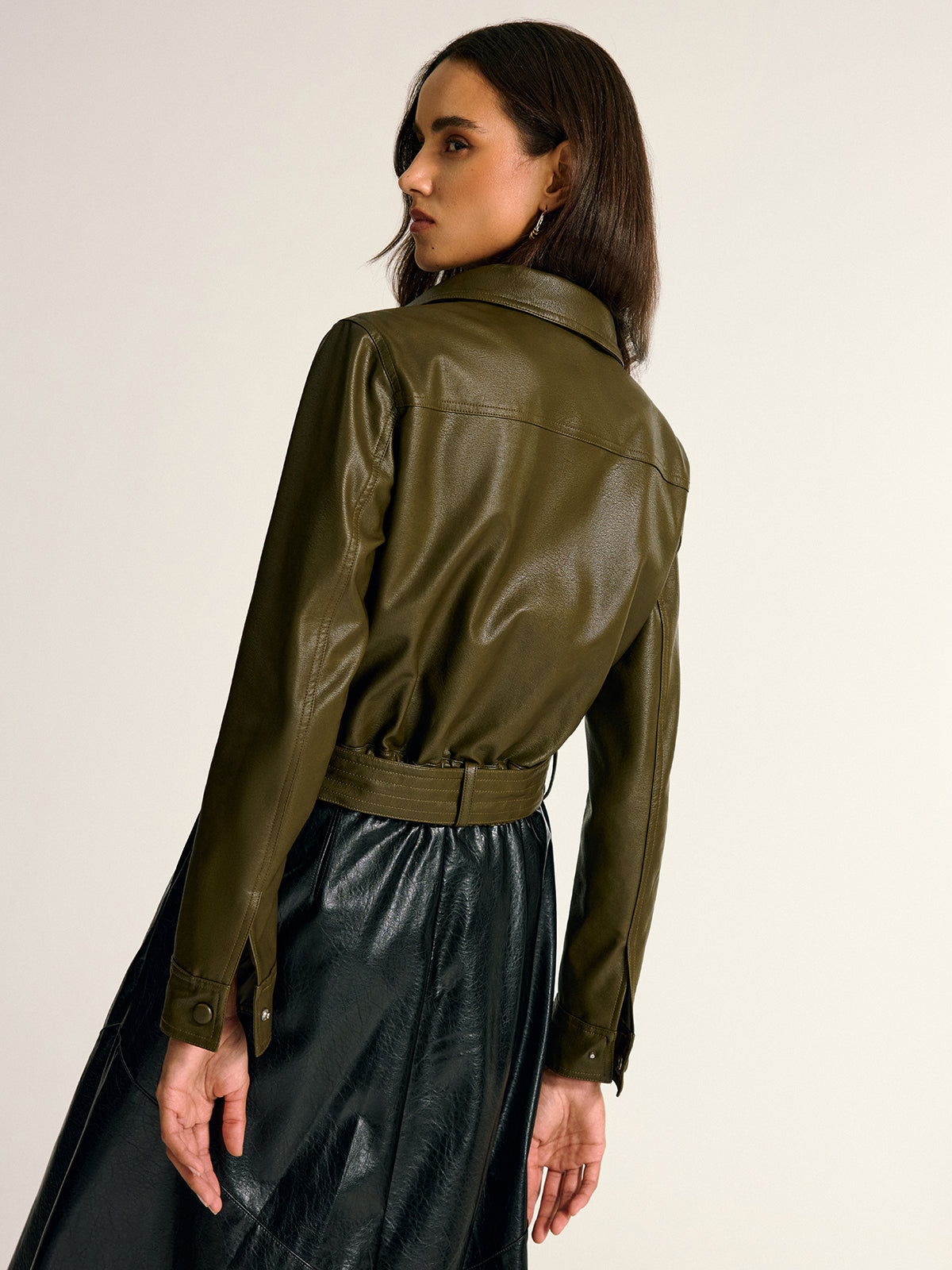 Teressa | Belted PU Leather Cargo Shirt Jacket 5