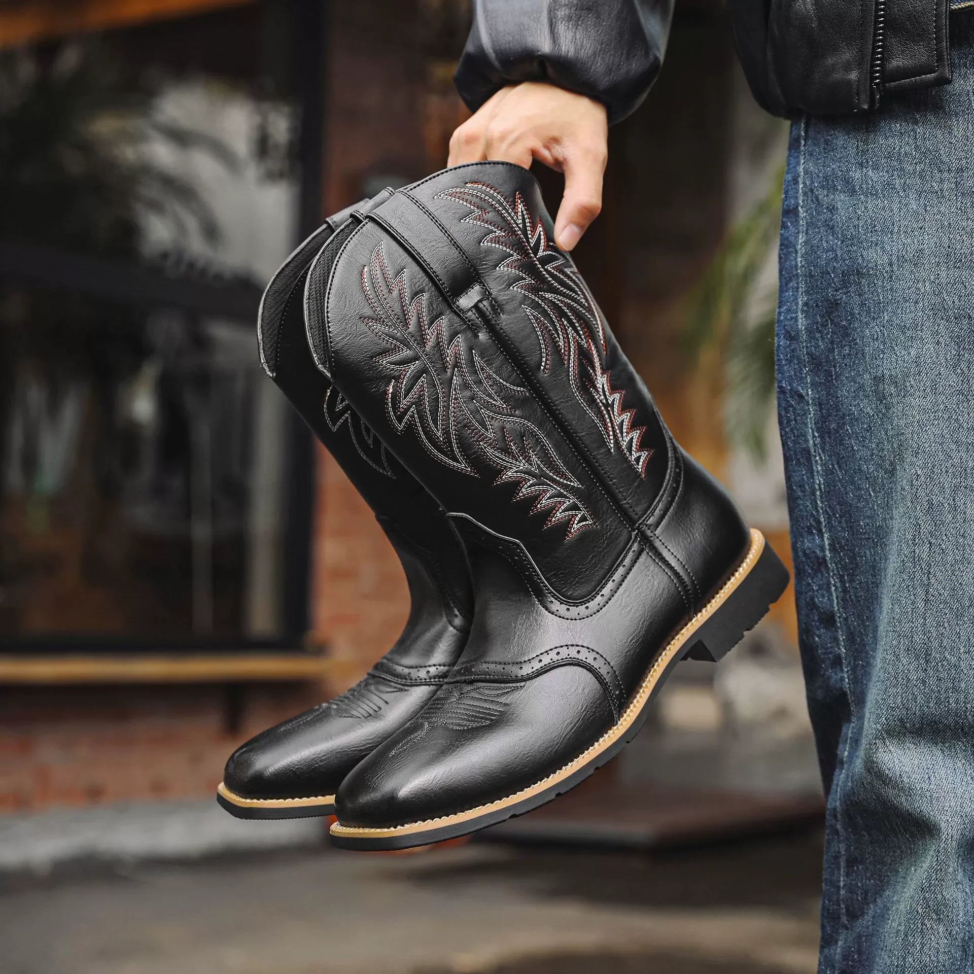 TimberRanch | Men’s Western Cowboy Boots with Embroidered Mid-Calf Square Toe Design 0
