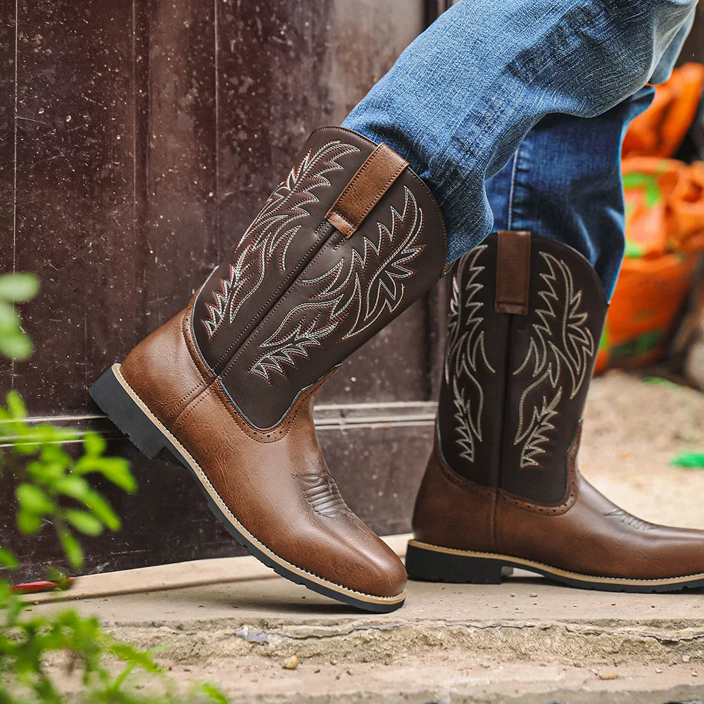 TimberRanch | Men’s Western Cowboy Boots with Embroidered Mid-Calf Square Toe Design 1