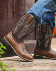 TimberRanch | Men’s Western Cowboy Boots with Embroidered Mid-Calf Square Toe Design 1