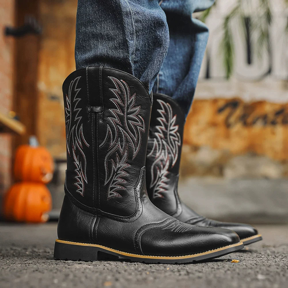 TimberRanch | Men’s Western Cowboy Boots with Embroidered Mid-Calf Square Toe Design 2