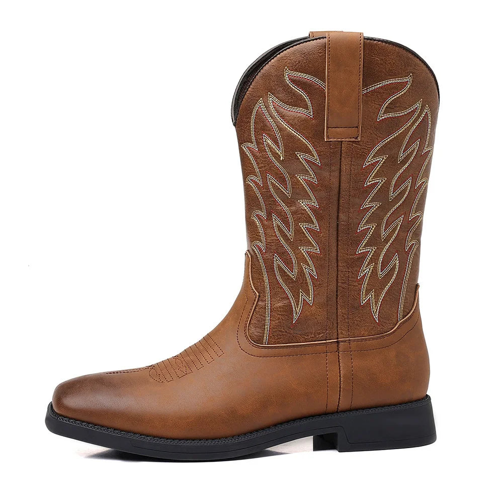 TimberRanch | Men’s Western Cowboy Boots with Embroidered Mid-Calf Square Toe Design 6