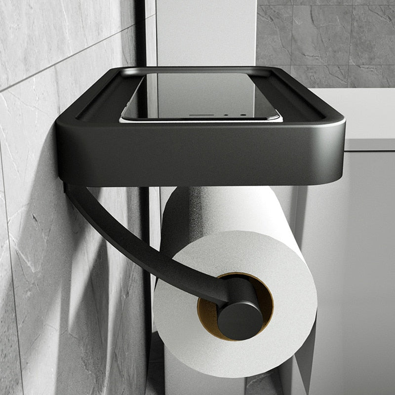 Toilet Roll Holder with Black Metal Shelf 1