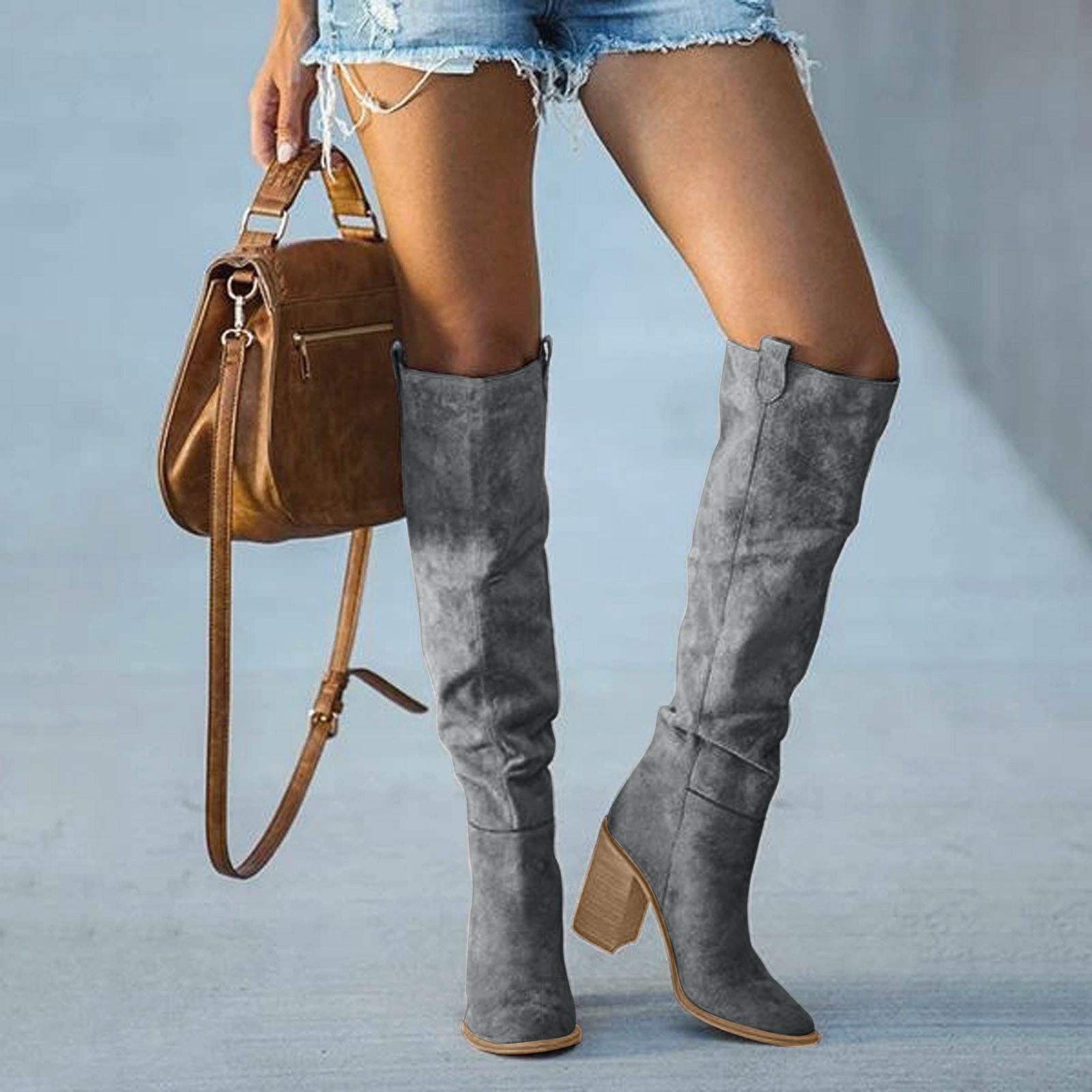 Trendy Women's Grey Block Heel Boots – Urban Western Style, Comfortable Faux Suede 0