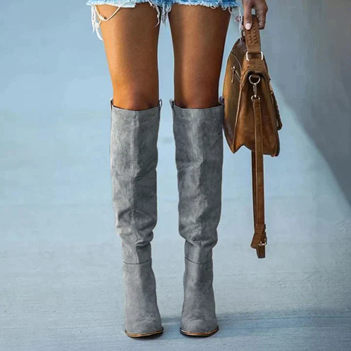 Trendy Women's Grey Block Heel Boots – Urban Western Style, Comfortable Faux Suede 3