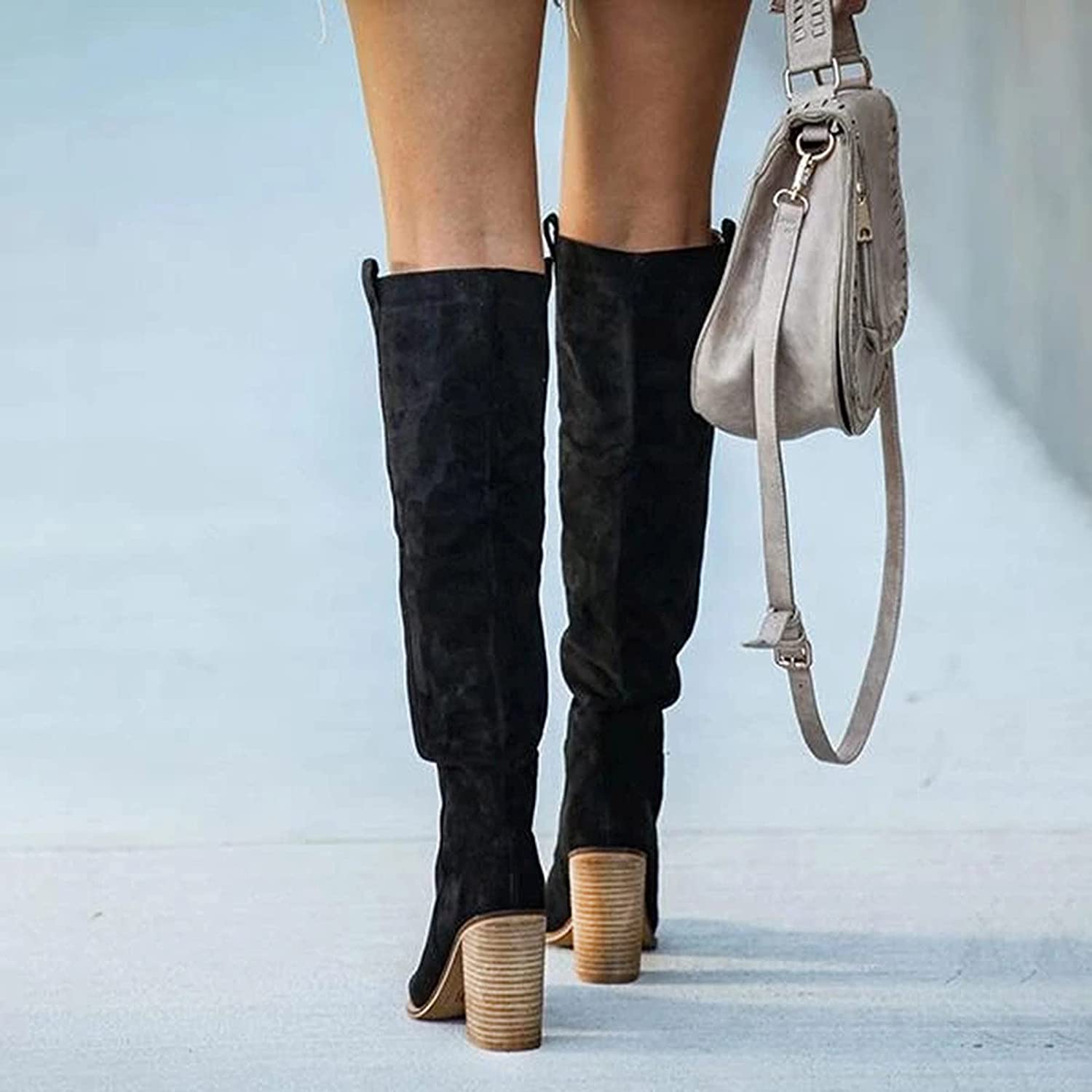 Trendy Women's Grey Block Heel Boots – Urban Western Style, Comfortable Faux Suede 7