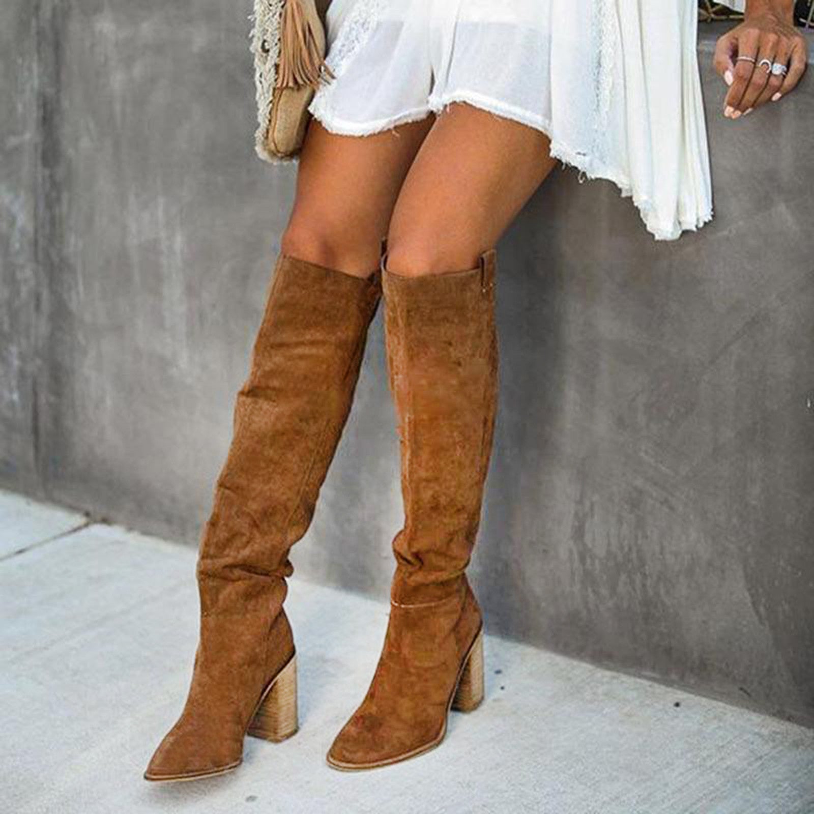 Trendy Women&#39;s Grey Block Heel Boots – Urban Western Style, Comfortable Faux Suede 8