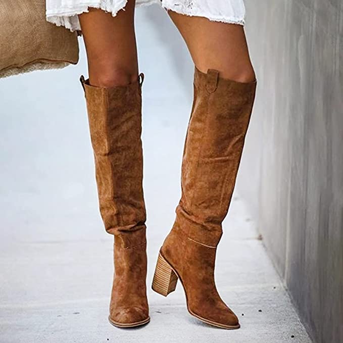 Trendy Women&#39;s Grey Block Heel Boots – Urban Western Style, Comfortable Faux Suede 9