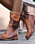 Vintage Leather Calf-Height Women's Boots – Stylish Brown Footwear for All-Day Comfort 0