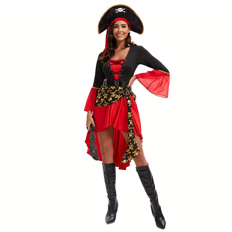 Women Pirate Lace-Up Halloween Costume Dress | Long Sleeve Asymmetrical 0