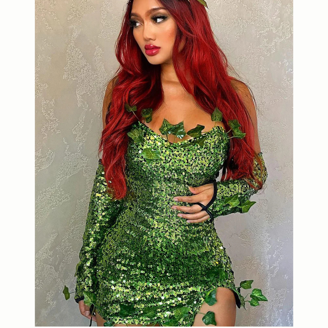 Women Sequin Leaf Halloween Costume Dress |   Strapless Mini 1