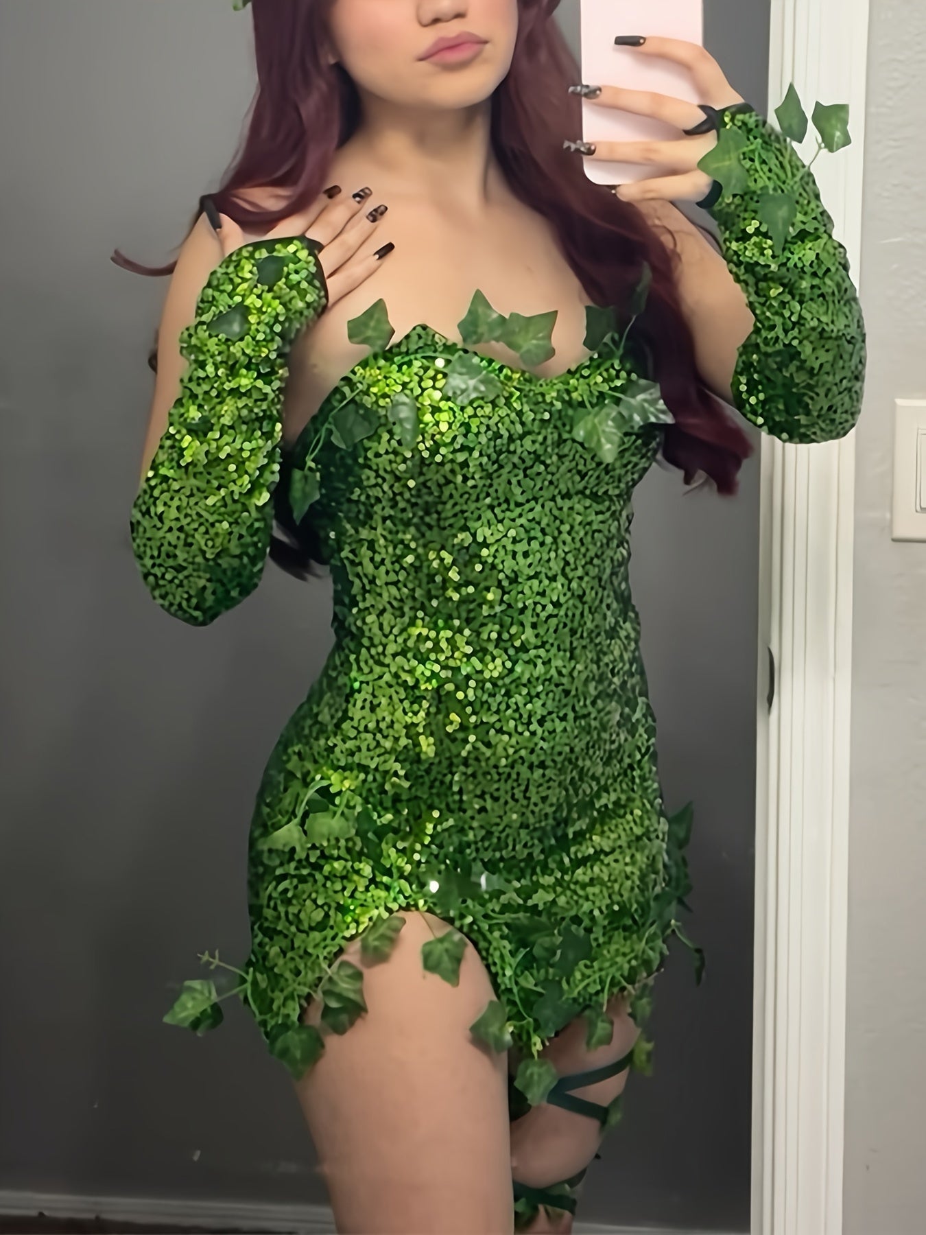 Women Sequin Leaf Halloween Costume Dress |   Strapless Mini 3