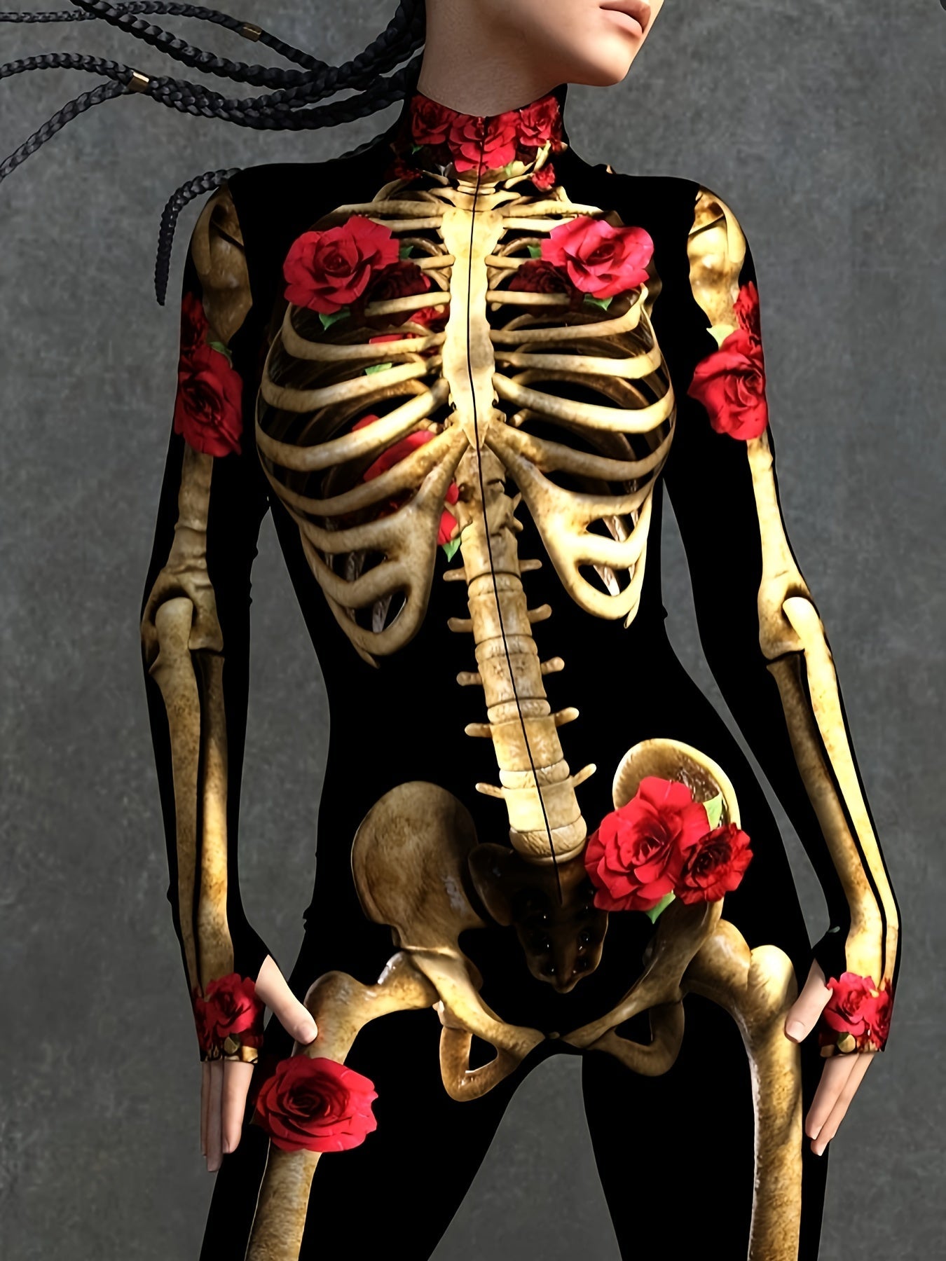 Women Skeleton Print Halloween Costume Jumpsuit | Long Sleeve Stretchy 1
