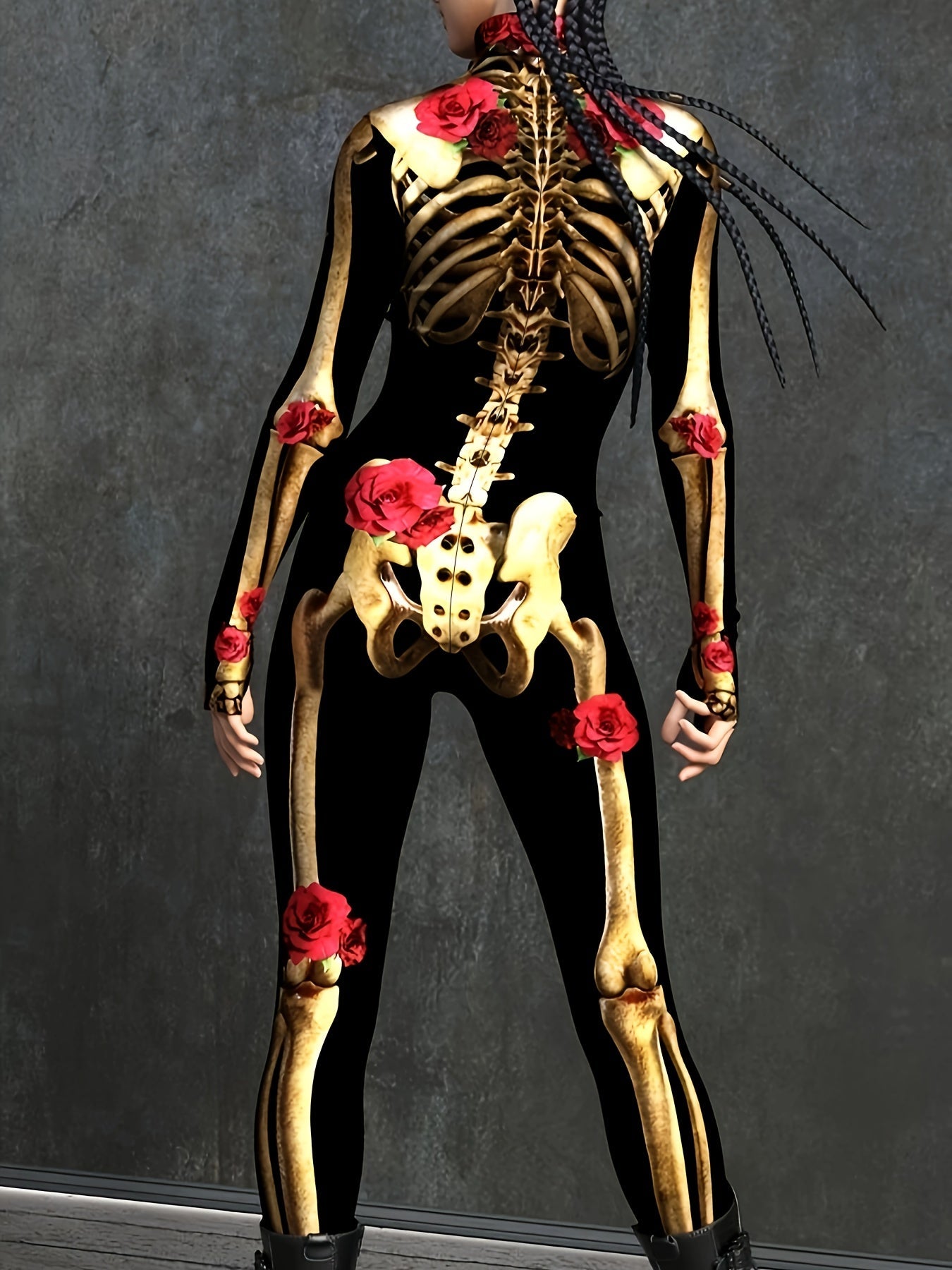 Women Skeleton Print Halloween Costume Jumpsuit | Long Sleeve Stretchy 2
