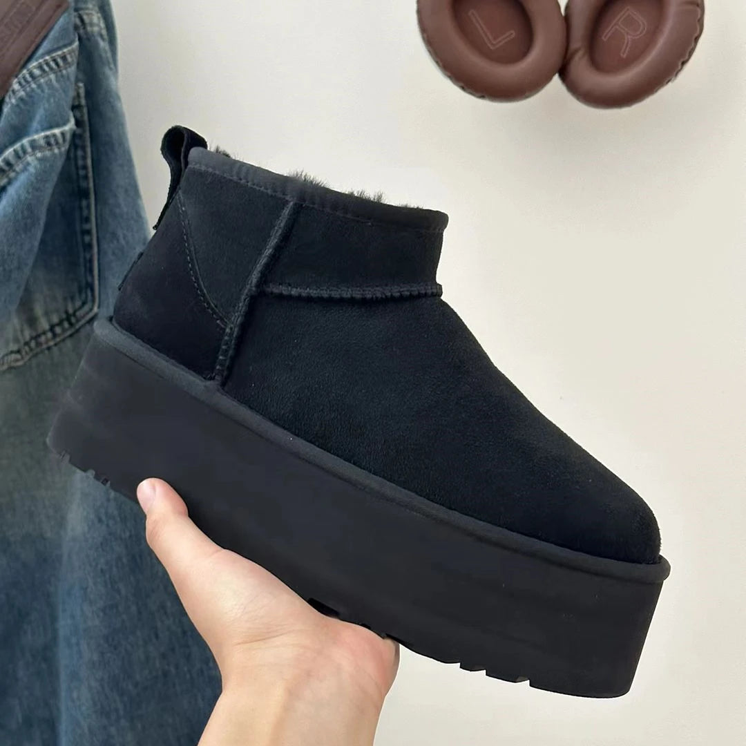 Women's Black Ultra Mini Platform Boots with Fur Lining – Stylish Ankle Booties for Winter 17