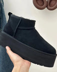 Women's Black Ultra Mini Platform Boots with Fur Lining – Stylish Ankle Booties for Winter 17