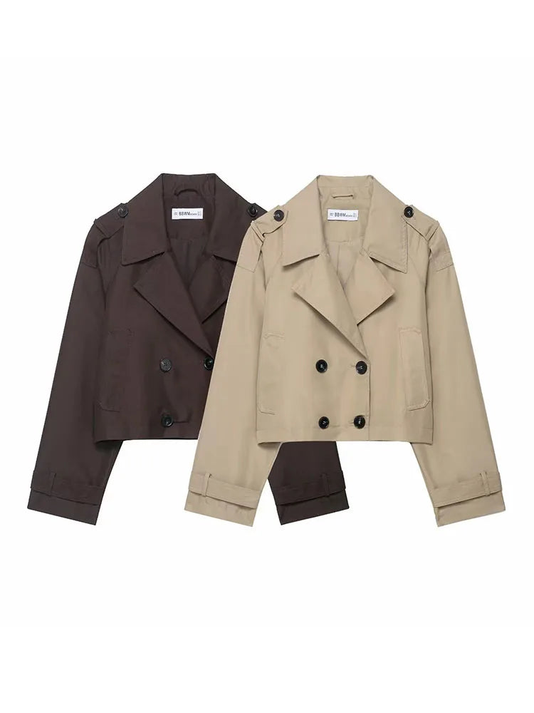 Women's Double Breasted Short Trench Coat with Pockets – Stylish Winter Jacket for Autumn 0