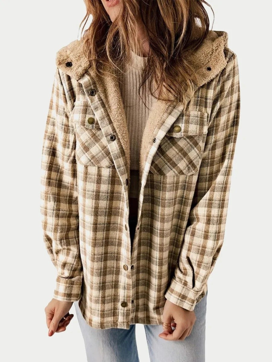 Women's Fleece Lined Plaid Shacket with Hood – Relaxed Fit Casual Layer 0