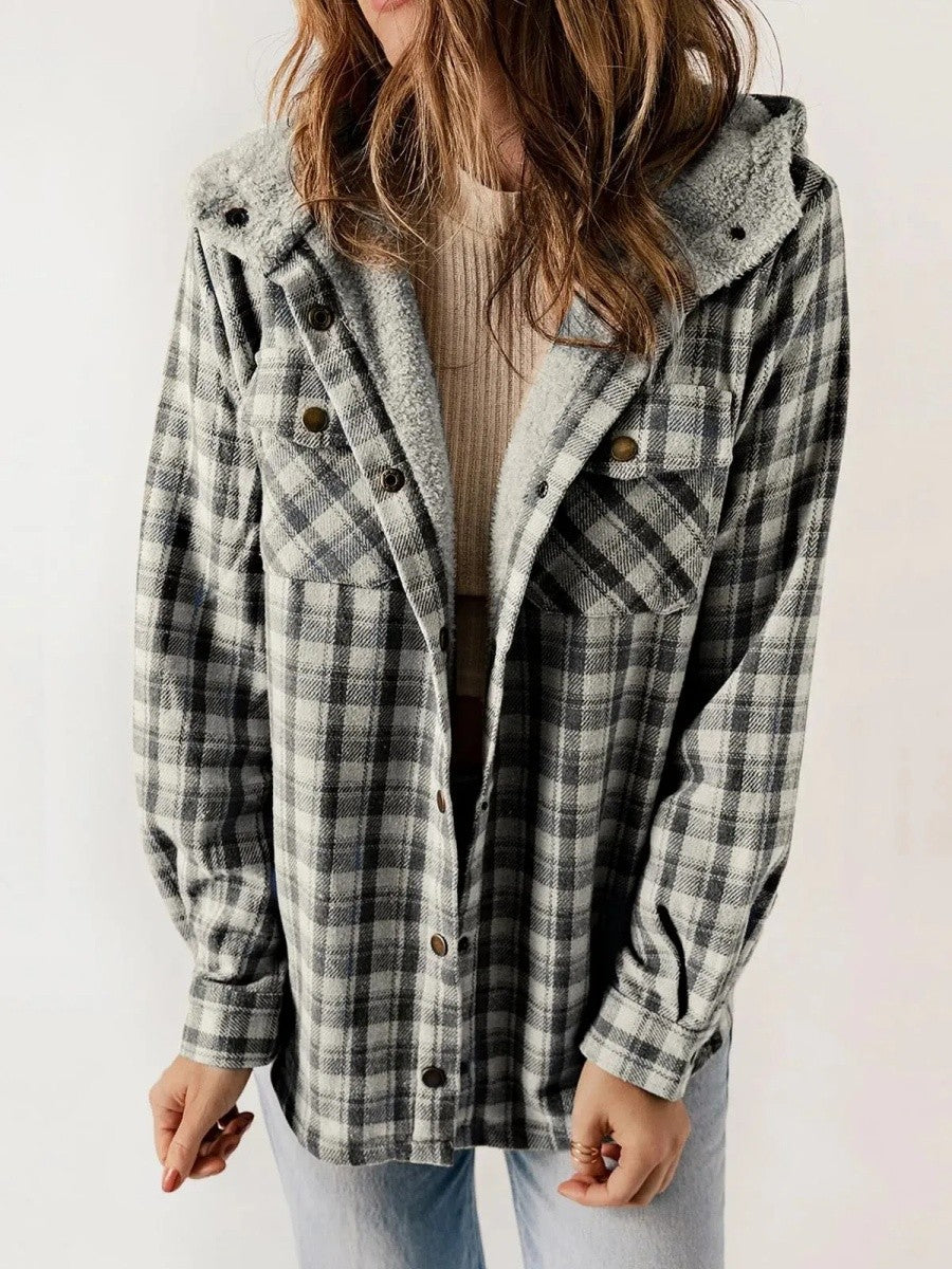 Women's Fleece Lined Plaid Shacket with Hood – Relaxed Fit Casual Layer 1