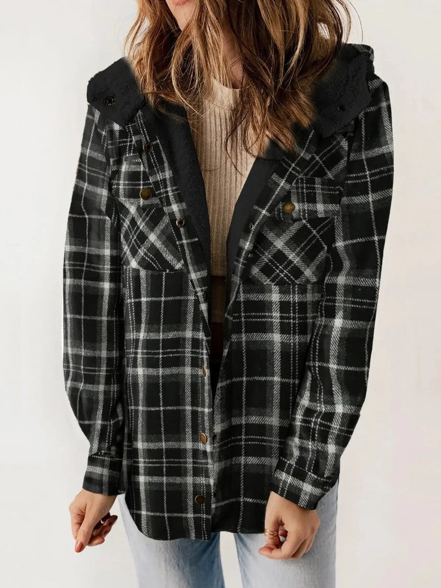 Women's Fleece Lined Plaid Shacket with Hood – Relaxed Fit Casual Layer 2