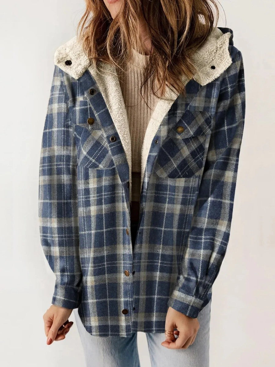 Women's Fleece Lined Plaid Shacket with Hood – Relaxed Fit Casual Layer 3
