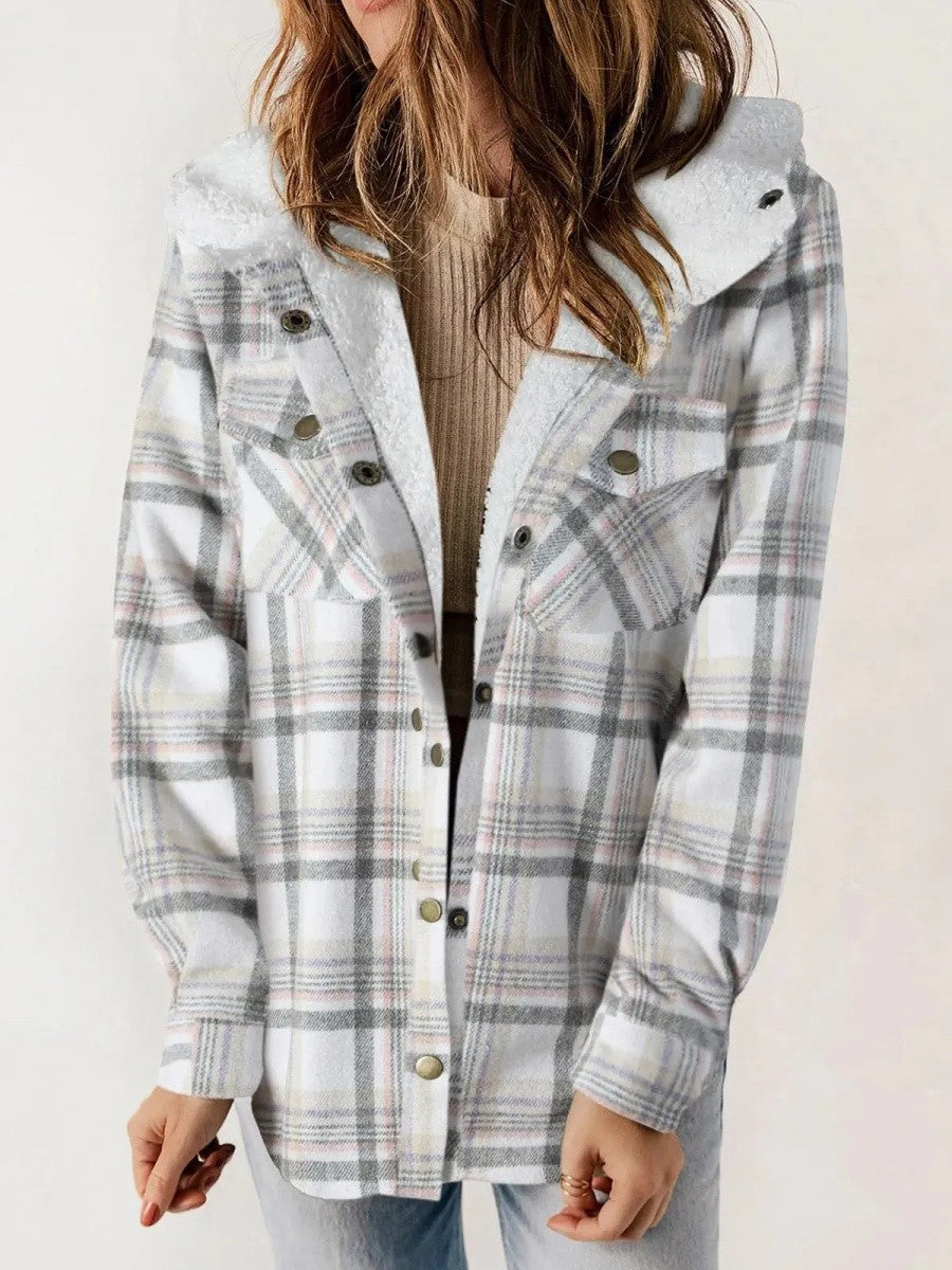 Women's Fleece Lined Plaid Shacket with Hood – Relaxed Fit Casual Layer 4