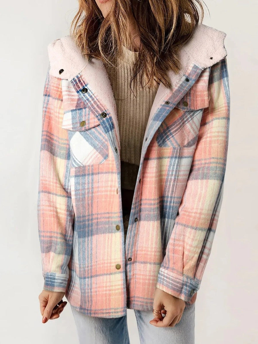 Women&#39;s Fleece Lined Plaid Shacket with Hood – Relaxed Fit Casual Layer 6