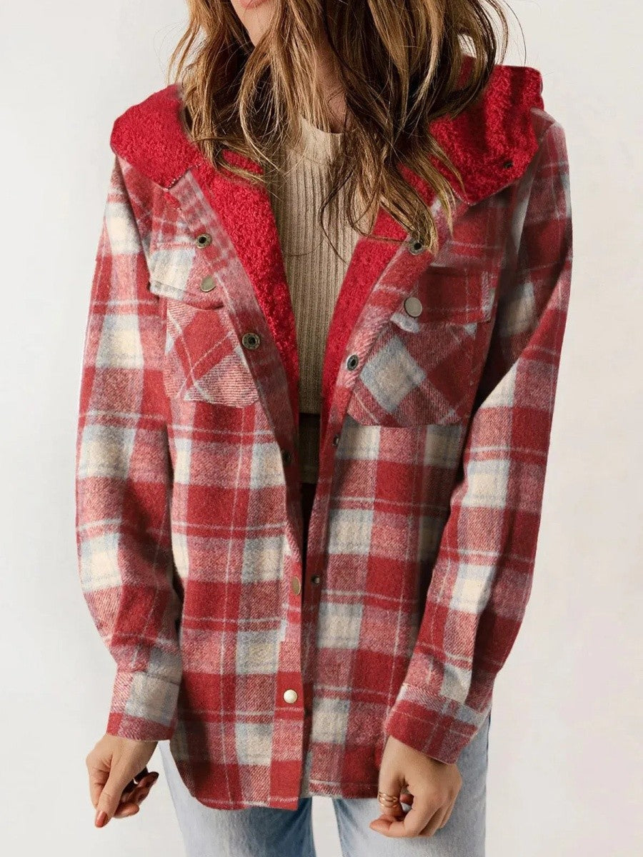 Women&#39;s Fleece Lined Plaid Shacket with Hood – Relaxed Fit Casual Layer 7