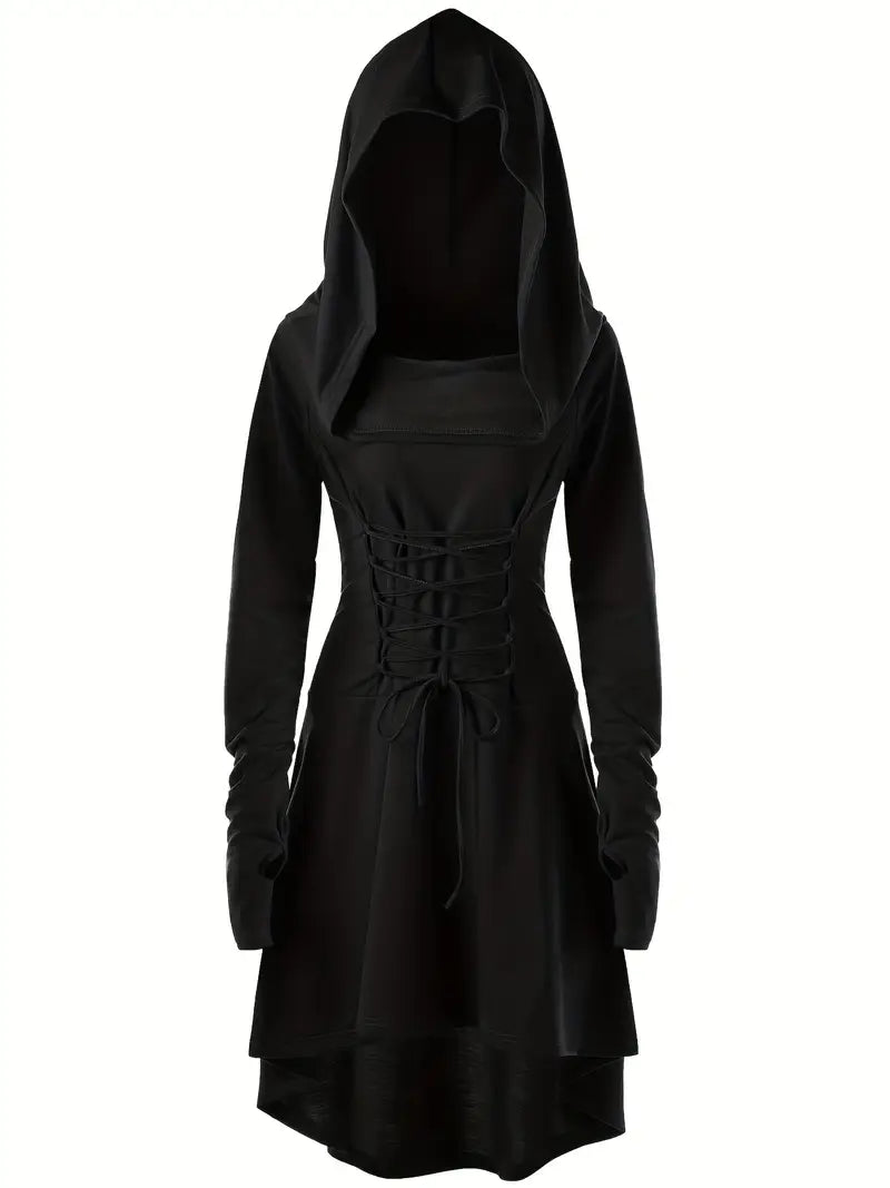 Women’s Gothic Lace Up Halloween Movie Costume Dress | Hooded Long Sleeve 0