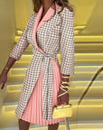 Classic Houndstooth Women’s Coat Dress – Tie-Waist Belt, Pleated Skirt and Formal 3/4 Sleeves