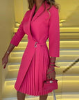 Classic Houndstooth Women’s Coat Dress – Tie-Waist Belt, Pleated Skirt and Formal 3/4 Sleeves
