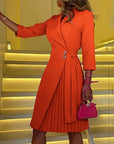 Classic Houndstooth Women’s Coat Dress – Tie-Waist Belt, Pleated Skirt and Formal 3/4 Sleeves