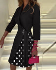 Classic Houndstooth Women’s Coat Dress – Tie-Waist Belt, Pleated Skirt and Formal 3/4 Sleeves