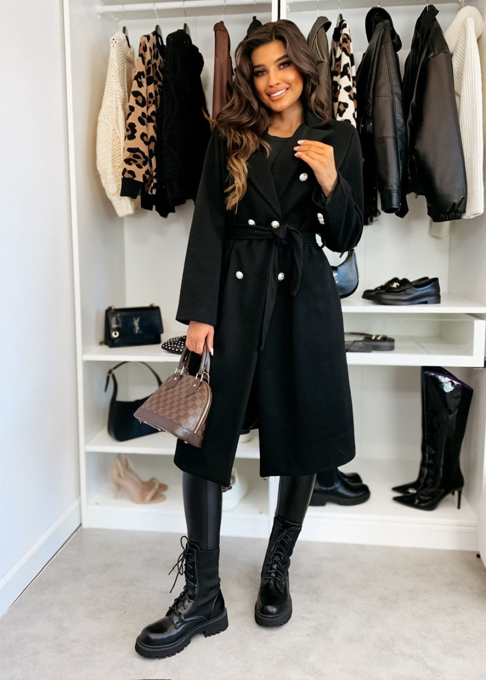 Women's Knee-Length Wool Coat with Double-Breasted Design and Belted Waist 0