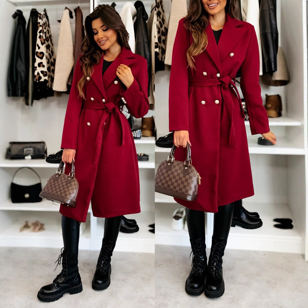Women's Knee-Length Wool Coat with Double-Breasted Design and Belted Waist 4