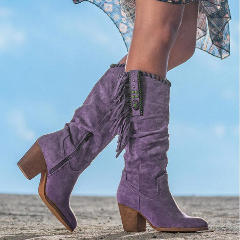 Women's Knee High Faux Suede Boots with Fringe Detail – Stylish Black Long Boots 2